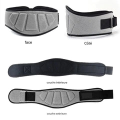 Ceinture lombaire de musculation KWEPEFULL montrant les vues face, côté et les couches intérieure et extérieure