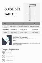 Guide des tailles du manchon de compression pour genoux et jambes avec tableau des mesures et conseils de prise de mesure