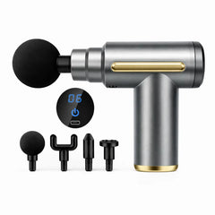 Pistolet de massage gris avec affichage numérique et têtes de massage incluses
