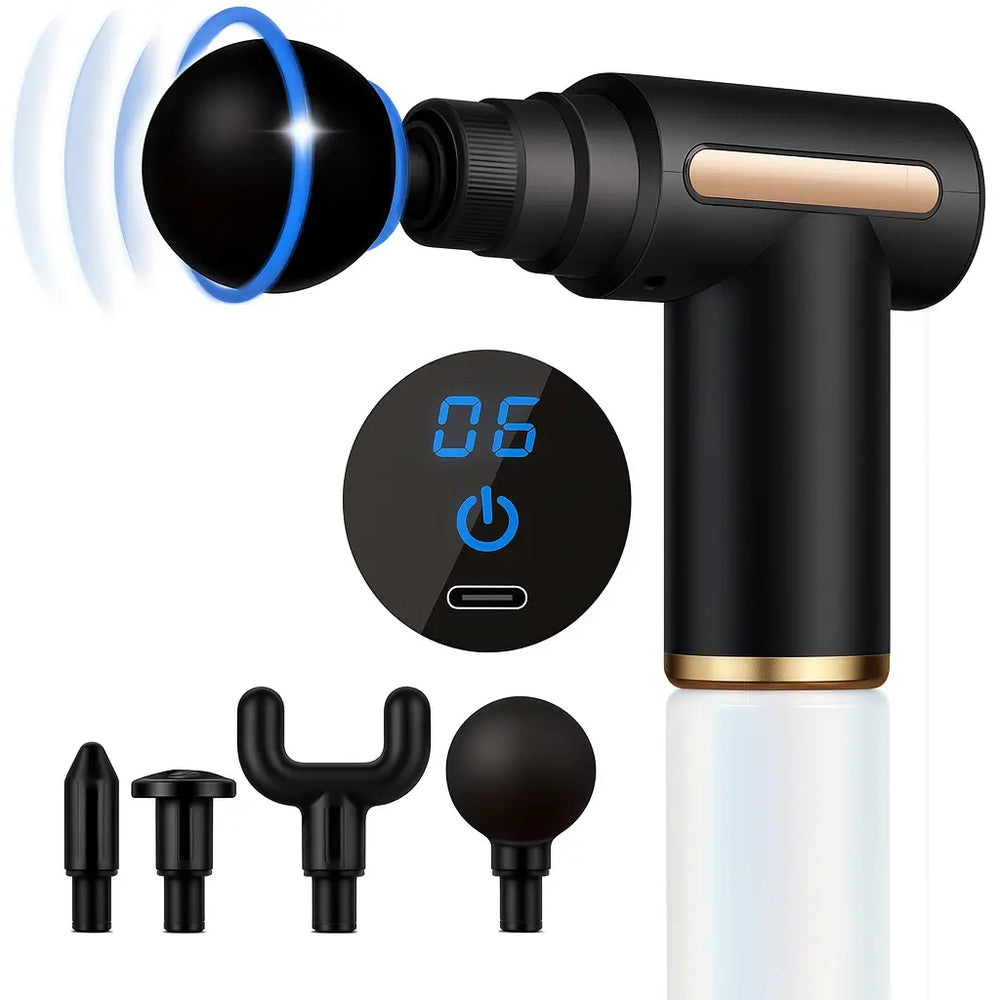 Pistolet de massage à percussion noir avec écran digital et embouts interchangeables