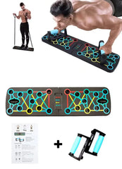 Planche de pompes multifonction avec poignées amovibles et schémas des positions d’exercices