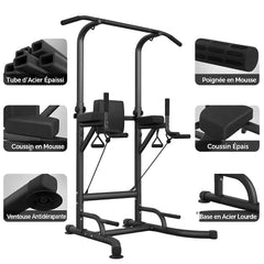 Détails de la station de musculation multifonction avec poignées, coussins et structure en acier