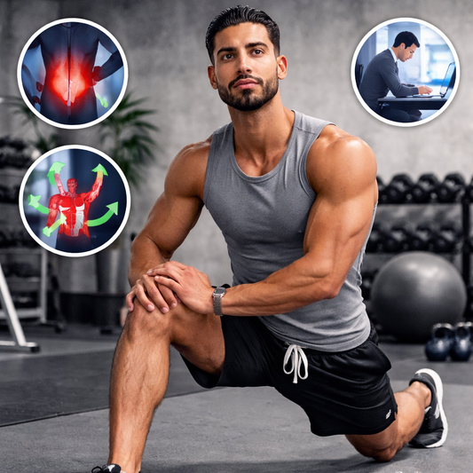 Homme en tenue de sport réalisant un exercice de mobilité pour réduire les douleurs liées à la sédentarité