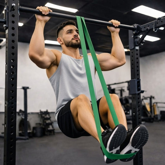 Homme effectuant des tractions assistées avec bandes de résistance en salle de sport