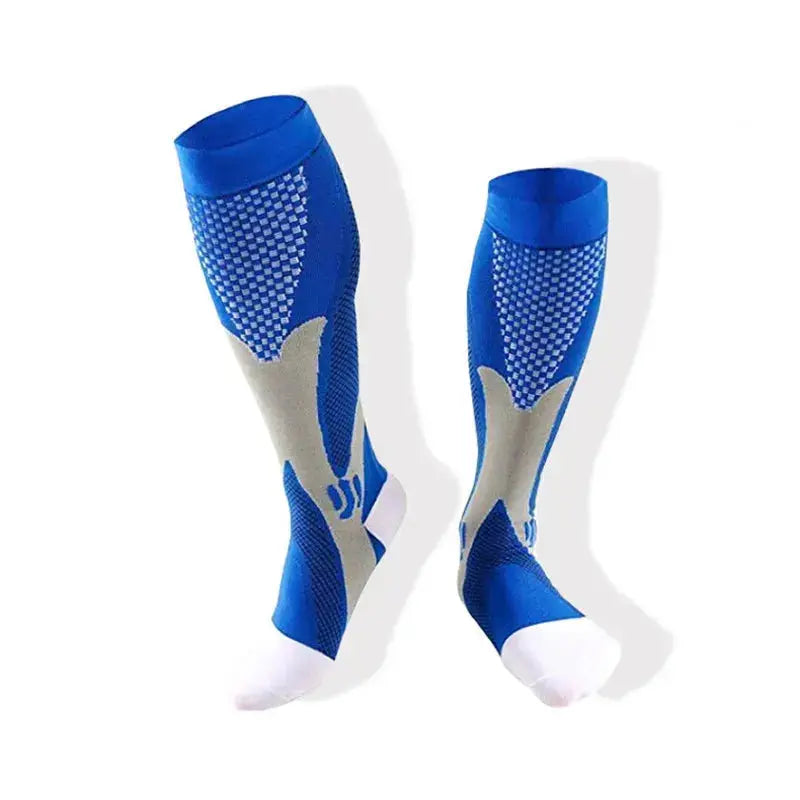 Chaussettes de compression sportives bleues et grises avec maintien du mollet et zones respirantes