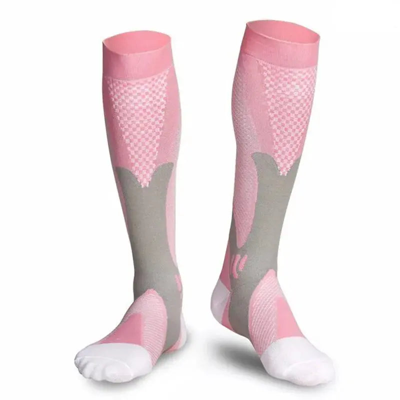 Chaussettes de compression sportives roses et grises avec soutien musculaire et confort longue durée