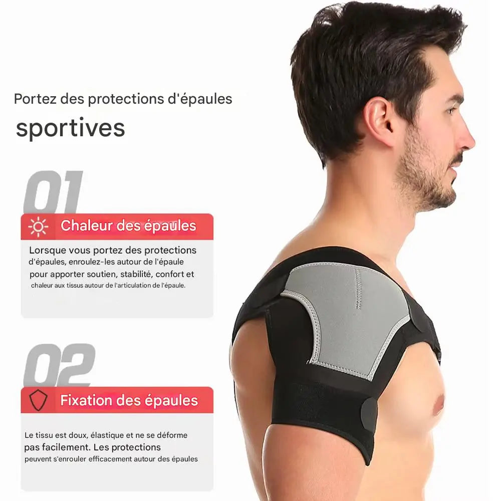 Épaulière de maintien sportive portée par un homme, vue de profil, avec zone de maintien de l’épaule