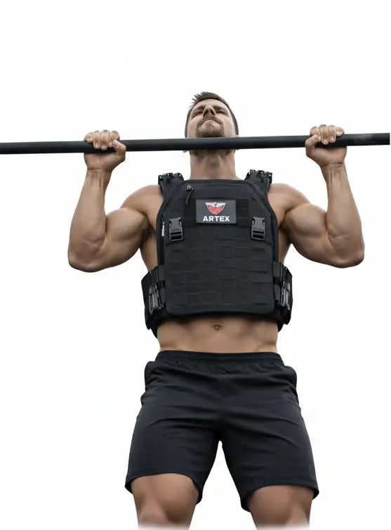 Gilet lesté de musculation pour homme porté pendant un exercice de traction en salle ou en extérieur
