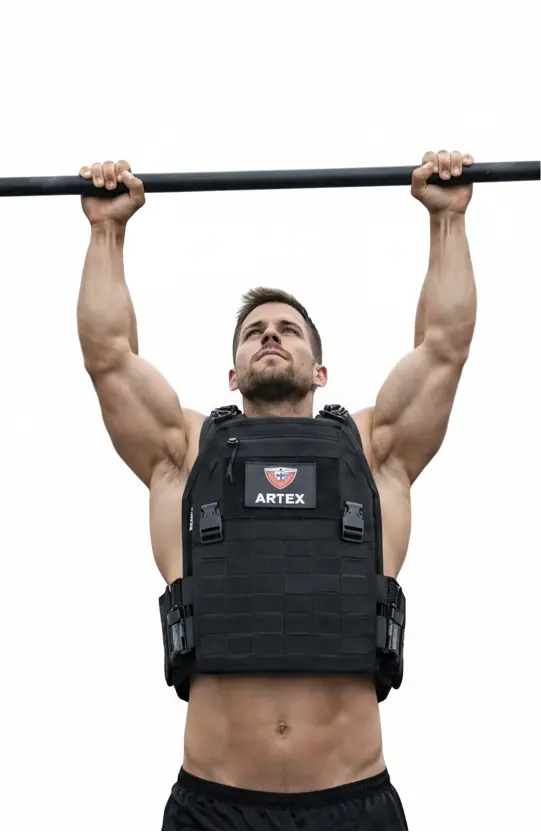 Gilet lesté de musculation pour homme utilisé lors d’exercices de tractions à la barre