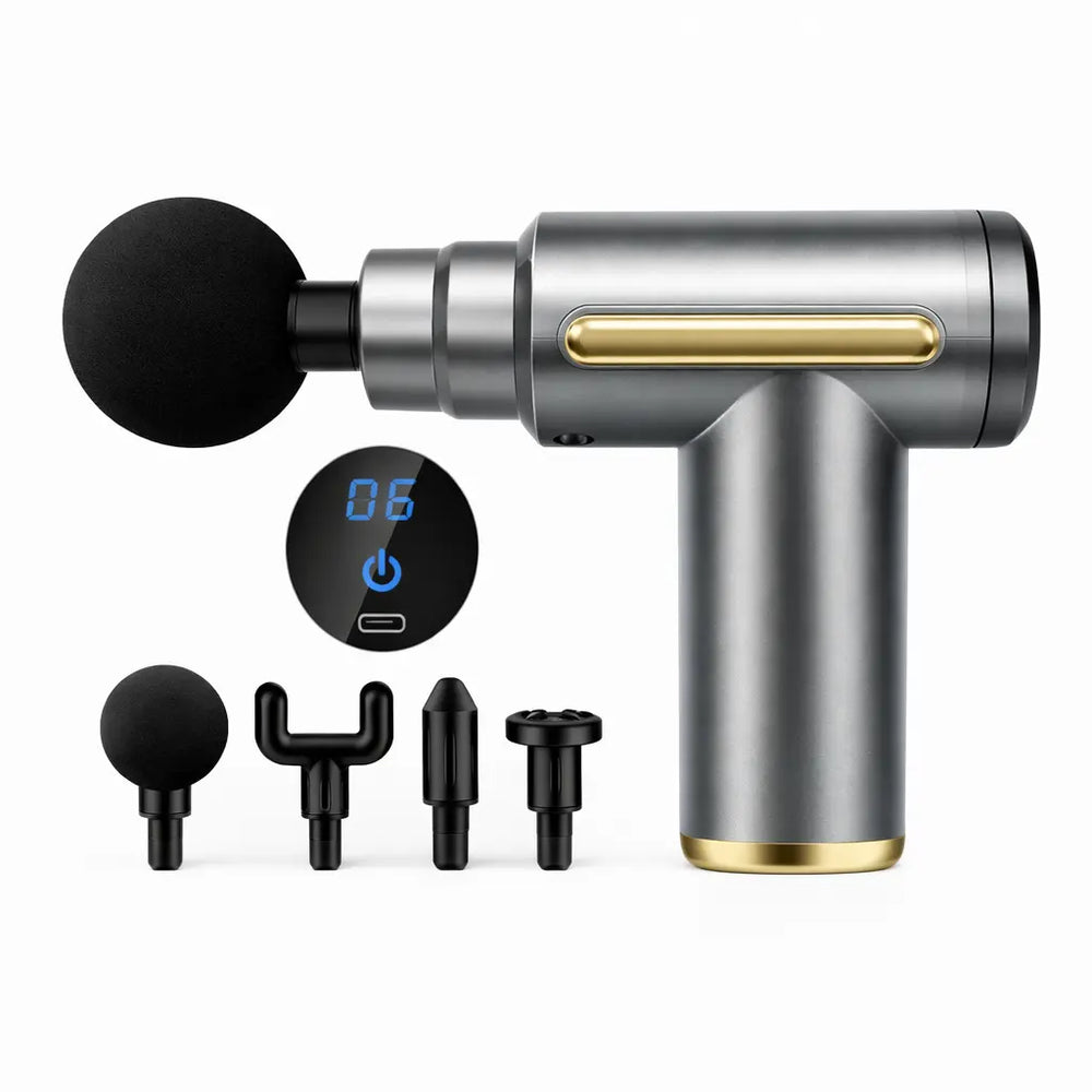 Pistolet de massage gris avec affichage numérique et têtes de massage incluses