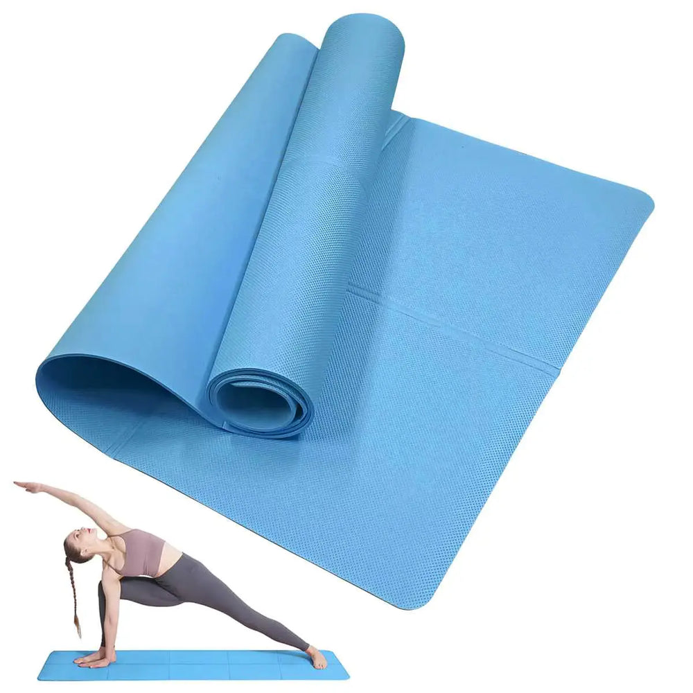 Tapis de yoga antidérapant bleu utilisé pour séance de yoga et fitness à domicile