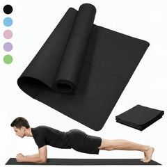 Tapis de yoga antidérapant noir utilisé pour exercices de gainage et fitness au sol