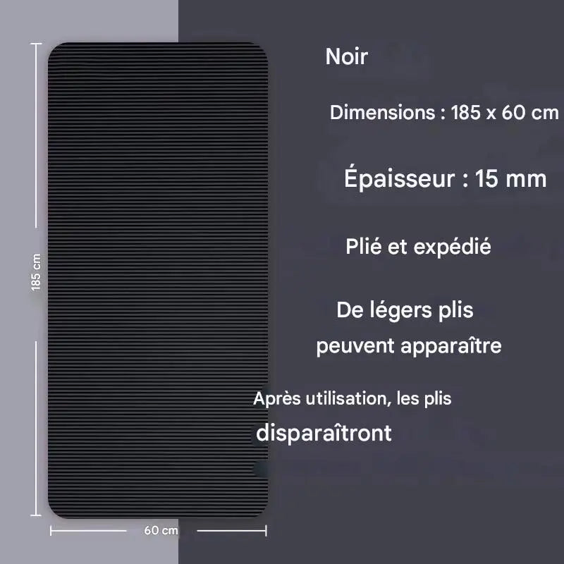 Tapis de yoga noir épais 15 mm avec dimensions 185 x 60 cm